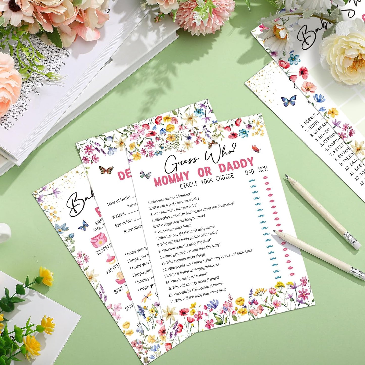 Yinder 145 Pcs Baby Shower Games Activities Cards with 20 Pencils Includes Baby Bingo Description and Wishes Guess Who Price is Right Word Scramble Game(Here Comes the Son)
