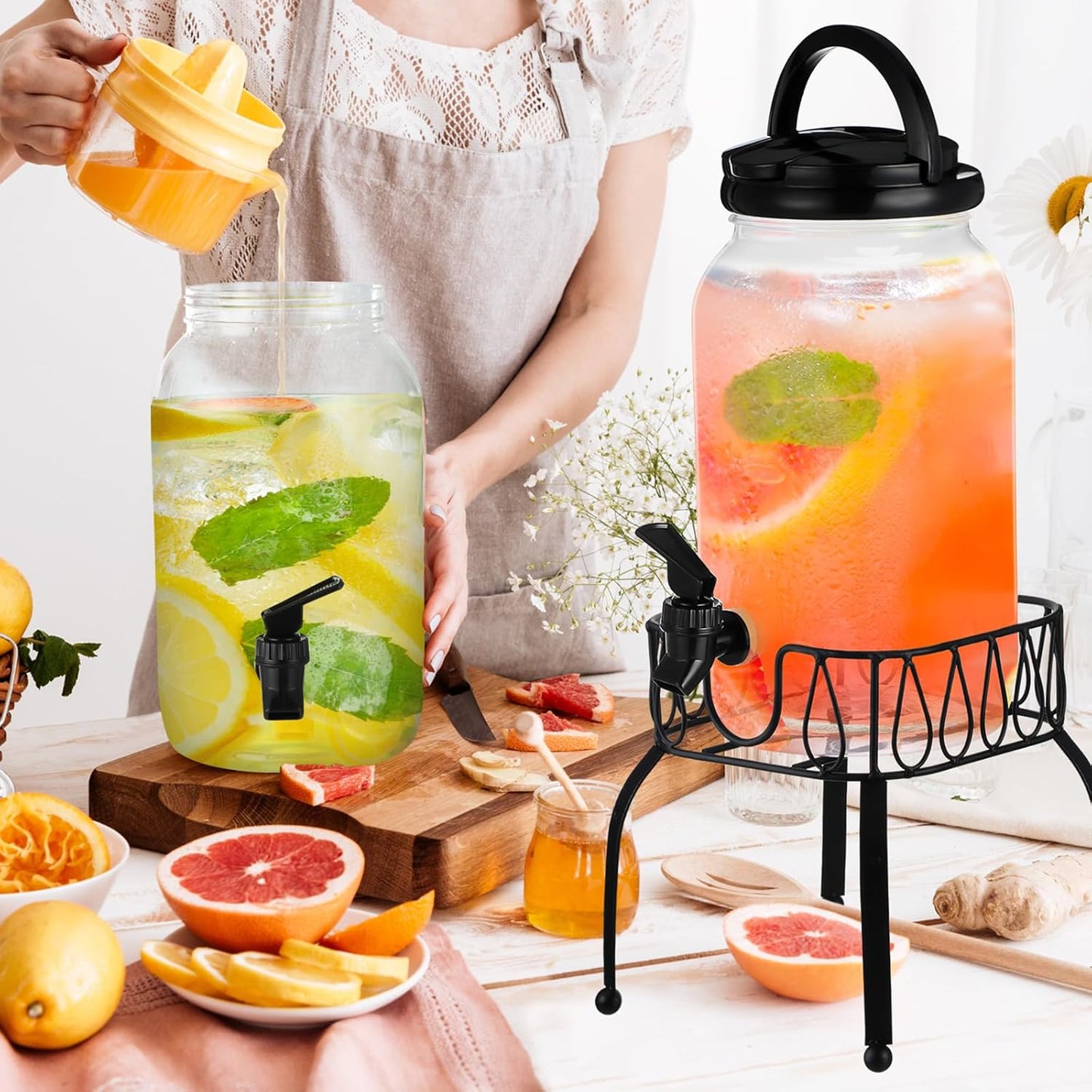 Tanlade 2 Pcs Plastic Drink Dispenser with Stand Beverage Dispenser with Sturdy Metal Base Juice Jar for Parties Lemonade Jar Spigot for Weddings Countertop Water, Each 1 Gallon (Gold)