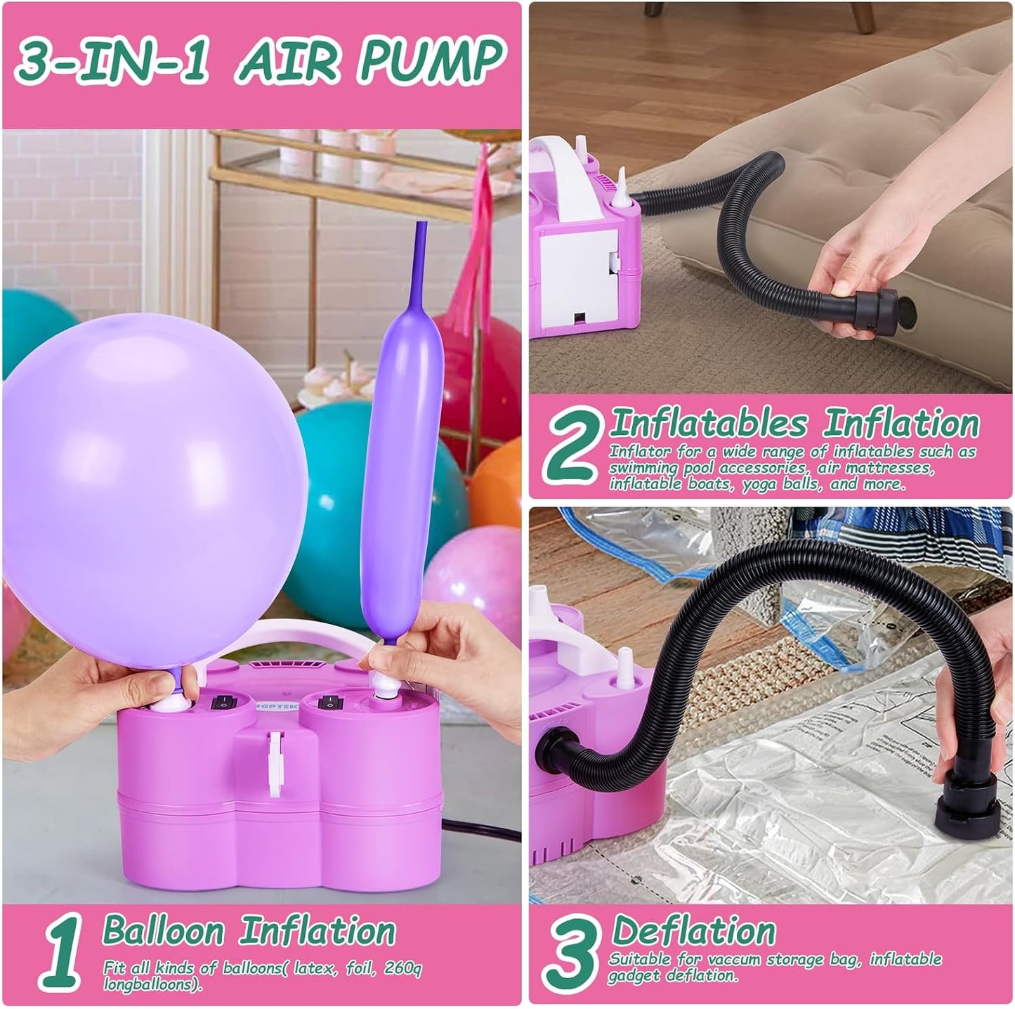 AGPTEK Electric Air Balloon Pump, 110V 600W Rose Red Portable Dual Nozzle Inflator/Blower for Party Decoration