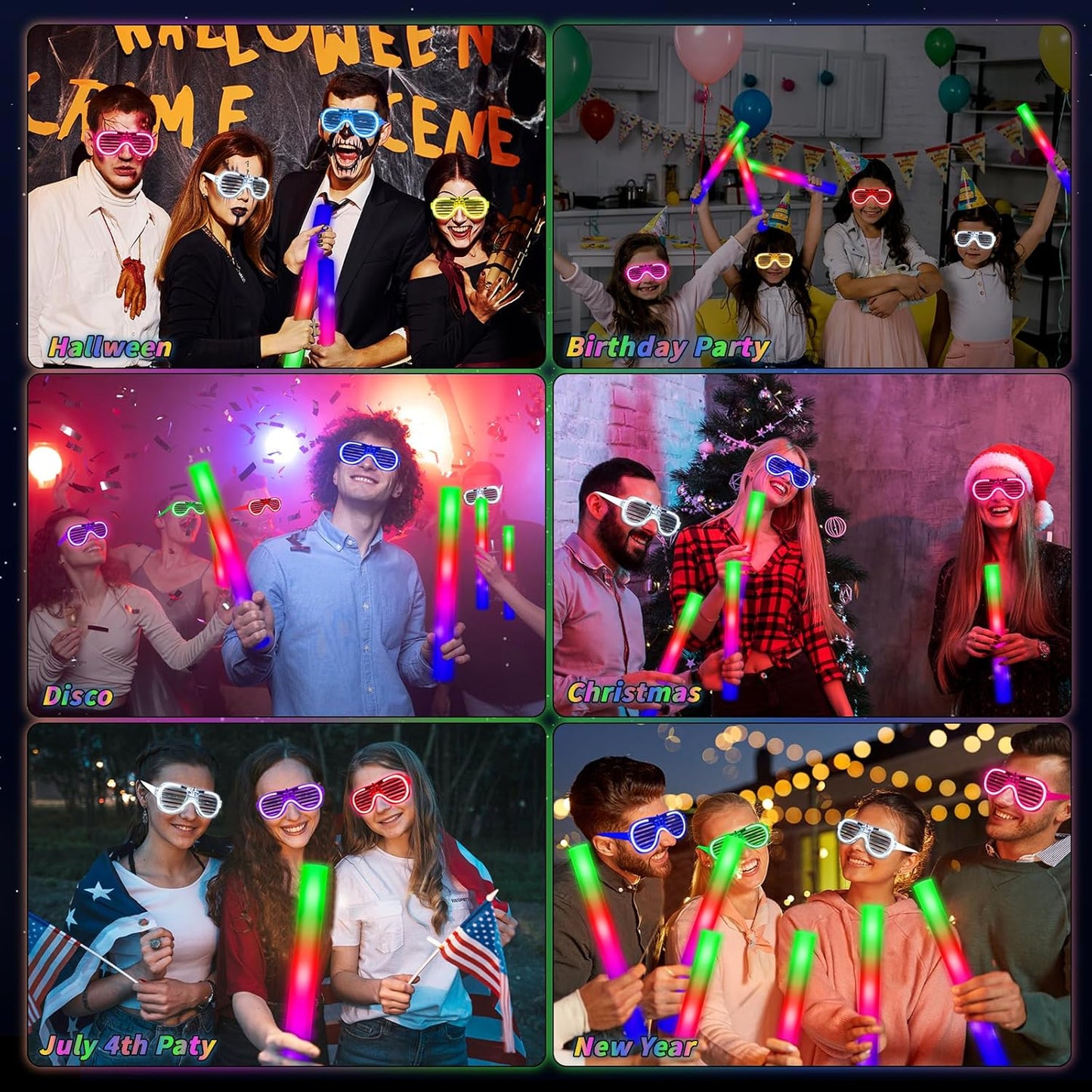 Oleitodh Glow in the Dark Party Supplies Set Bulk Neon Party Favor Toys Includes 30 Led Light up Glasses 10 Color 30 Light up Foam Sticks Bulk for Disco Wedding Birthday Concert Halloween Raves Party