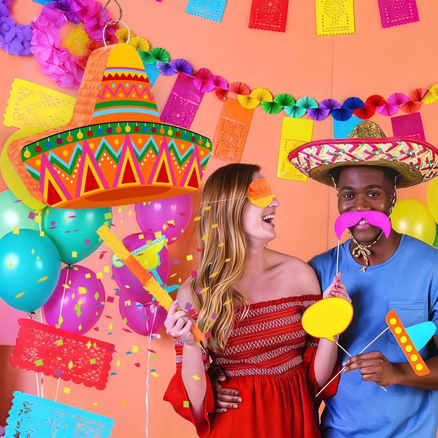 Hooqict Mexican Pinata with Blindfold and Bat Stick Party Pinata for Fiesta Carnival Cinco de Mayo Decorations Kids Adults Mexican Party Games Birthday Party Supplies