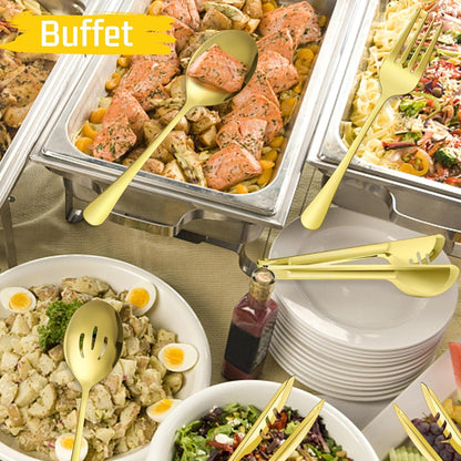 Large Black Serving Utensils Set of 12, E-far Stainless Steel 9.8 Inch Serving Spoons Slotted Spoon, 9.9 Inch Forks, 9.4 Inch Tong for Buffet Catering, Mirror Finish & Dishwasher Safe