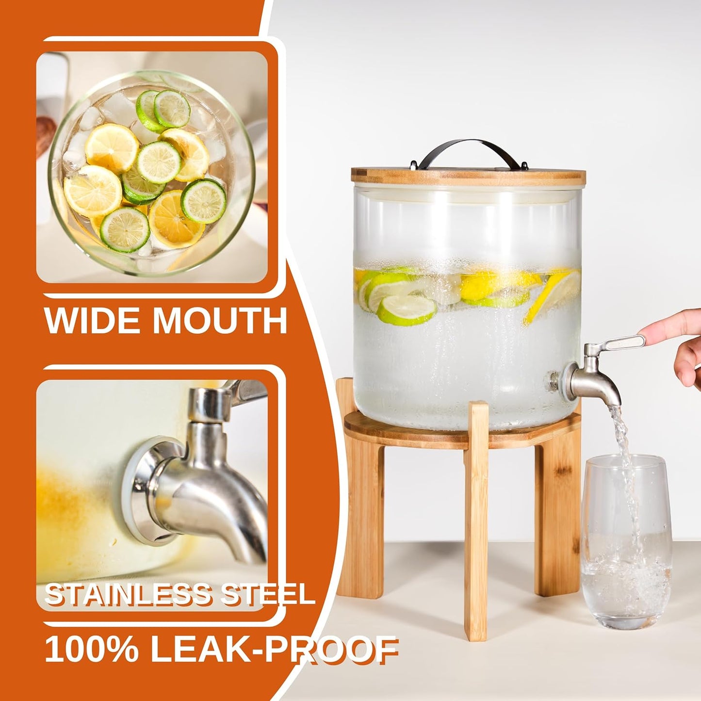 Glass Beverage Dispenser with Bamboo Stand 6.7 In and Lid, Iced 2.9 Gallon Drink Server with Spigot, Large Thick Glass Drink Dispenser for Parties, Hotels, Restaurants, Homes