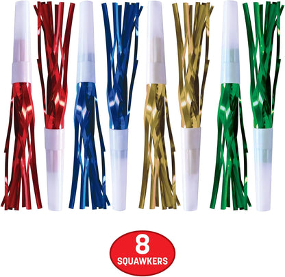 Beistle Assorted Party Squawkers – 8 Pack, Fringed Noisemaker Horns in Gold, Green, Red & Blue for New Year’s Eve Celebrations, Birthday Parties, Graduations, and Events, 6”
