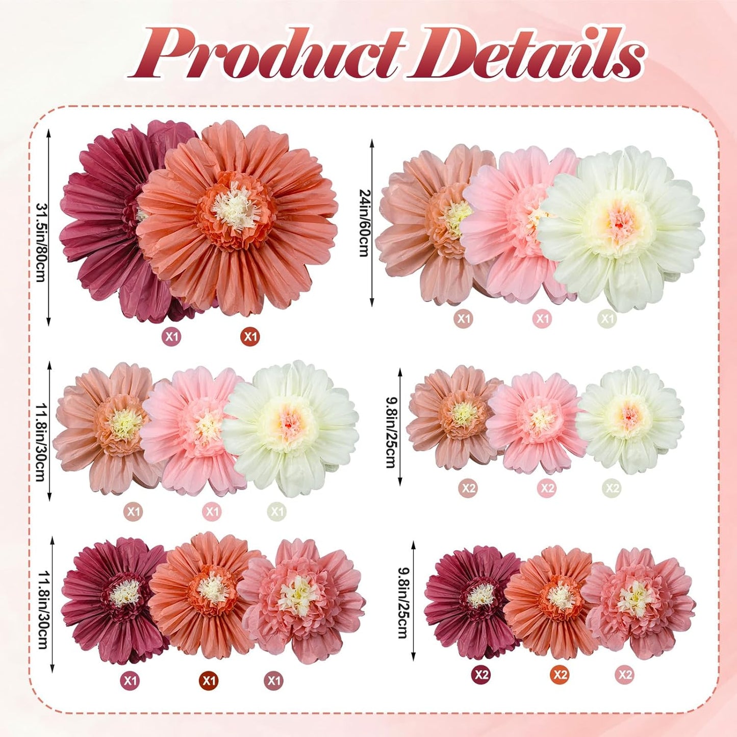 Giegxin 20 Pcs 31.5'', 23.6'', 11.8'', 9.8'' Pink Giant Paper Flower Boho Large Tissue Flower for Wall Pink Pom Pom Floral Decoration for Wall Wedding Bridal Shower Classroom Tea Party Birthday Decor