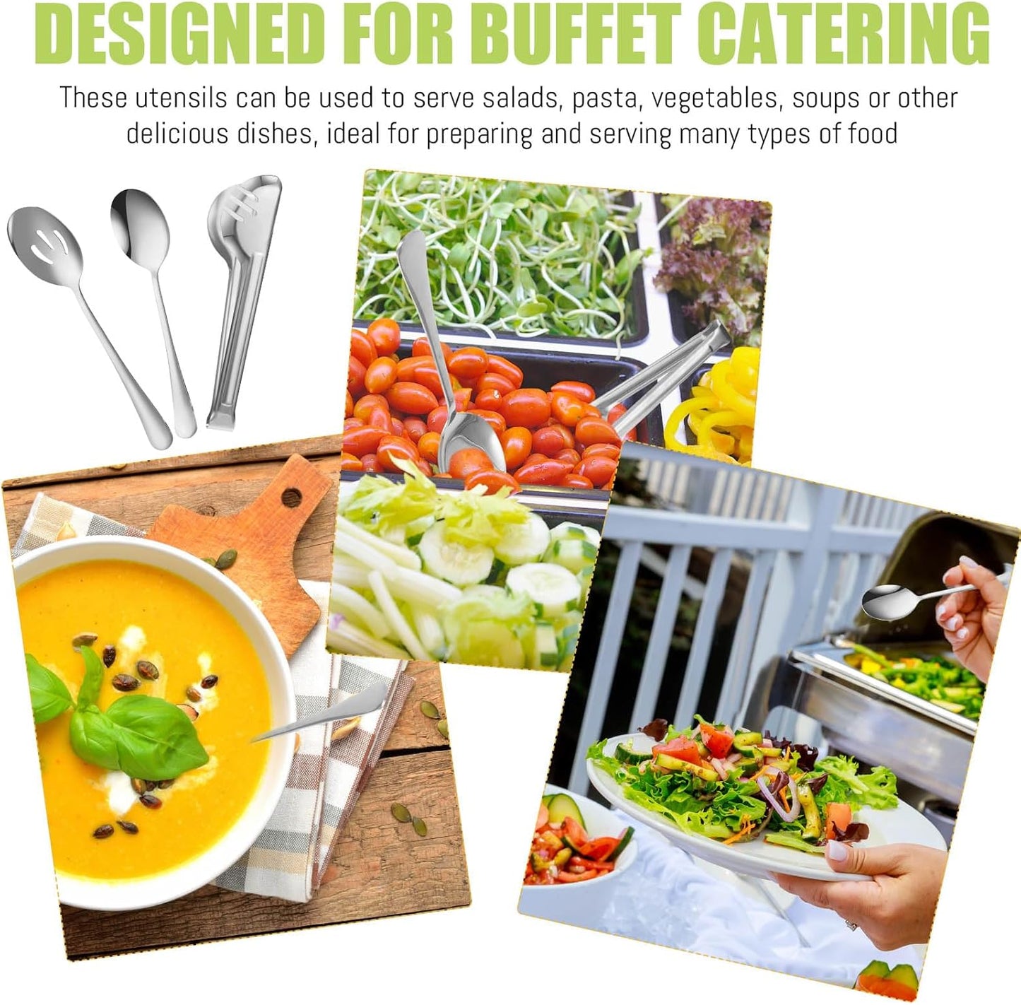 Sabary 36 Pcs Stainless Steel Serving Utensils for Buffet Parties Including 12 Serving Spoons 12 Slotted Spoons 12 Serving Tongs Large Metal Flatware Set for Tanksgiving Catering Banquet(Gold)