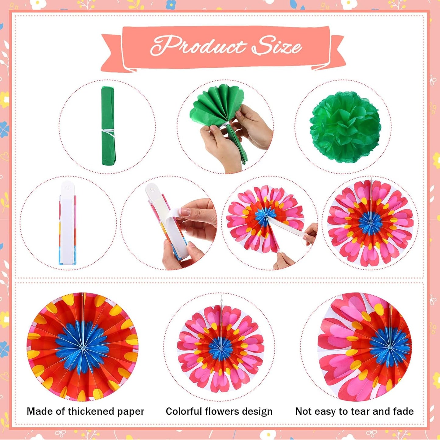 Outus 21 Pcs Spring Flower Hanging Paper Fans Flower Paper Fans Classroom Decorations Springtime Summer Tissue Pom Poms for Ceiling Wedding Birthday Party Supply Classroom Decor(Spring Flower)
