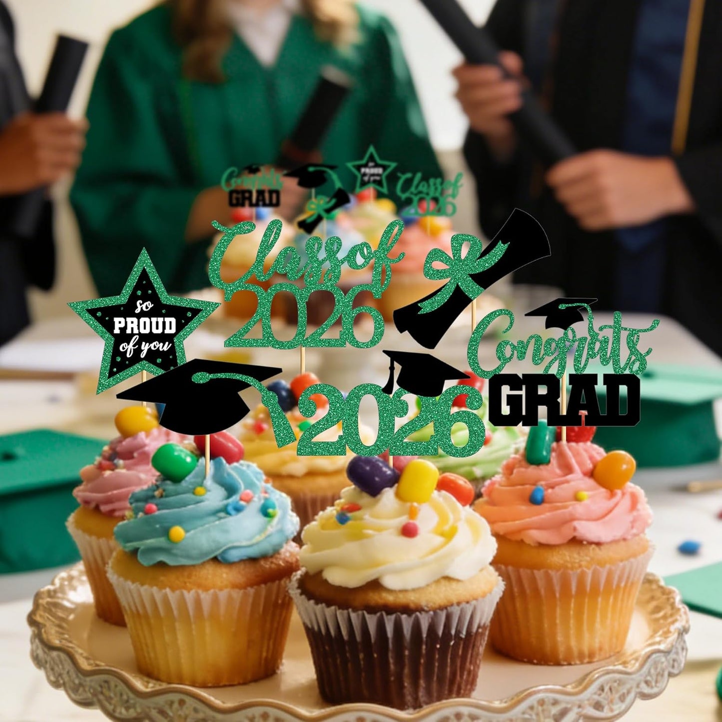 48 PCS Graduation Cupcake Toppers, Glittery 6 Styles Congrats Grad Cake Topper, Black and Red Graduation Decorations 2026, Cap and Diploma Cake Picks for Grad Party Supplies
