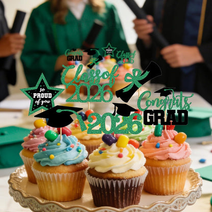 48 PCS Graduation Cupcake Toppers, Glittery 6 Styles Congrats Grad Cake Topper, Black and Red Graduation Decorations 2026, Cap and Diploma Cake Picks for Grad Party Supplies