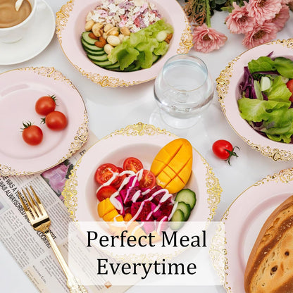 Nervure 50 Pack White Plastic Bowls with Gold Rim - 12oz Disposable Soup Bowls - Heavy Duty Dessert Bowl, Salad Bowl Perfect for Weddings, Parties, Mothers Day