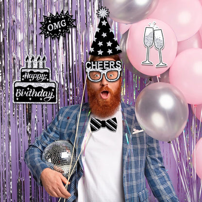 36 PCS Birthday Photo Booth Props Party Supplies Holiday Picture Decorations Photo Booth Props for Birthday Party Favors Pose Sign Kit Fun for Party (Purple and Black)