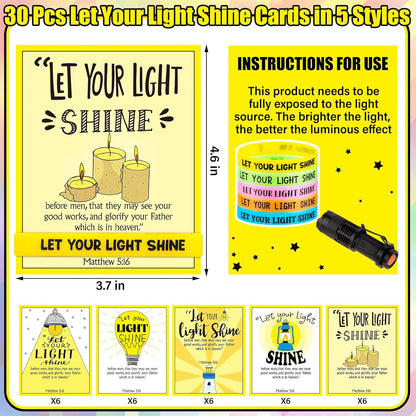 30 Sets/ 60 Pcs Christian Bracelets Gift Let Your Light Shine Matthew 5: 16 Wristbands with Bible Verse Card Glow in the Dark Religious Gifts Easter Church Sunday School VBS Christmas Favors