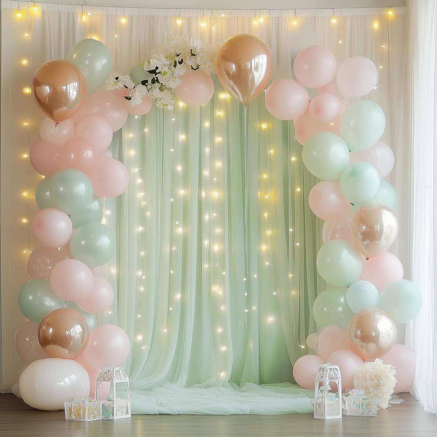 Fomcet Tulle Backdrop Curtains with Lights String White 10FT X 8FT Sheer Curtain with Lights Tulle Curtains Backdrop for Wedding Birthday Party Baby Shower Photo Shoot (2 Panels 5x8FT)