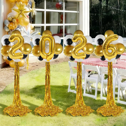 2026 Graduation Balloon Columns Kit – Set of 4 Standing Balloon Stands, Class of 2026 Decorations with Gold Fringe Curtain, Graduation Party Photo Backdrop