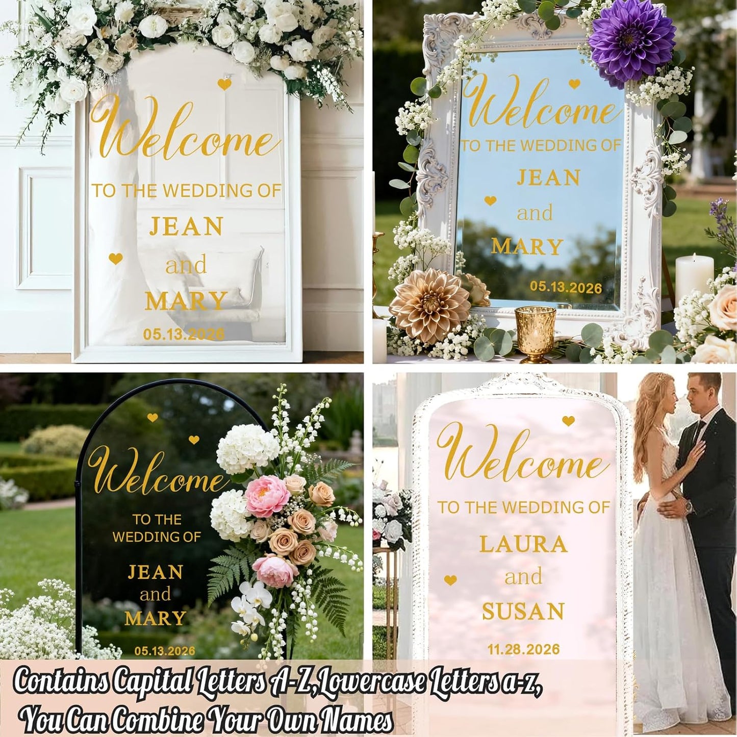Custom Name Welcome to Our Wedding Signs Personalized Wedding Mirror Decals Selfie Mirror Decal for Wedding Entry Reception Display Golden Date Marriage DIY Vinyl Lettering Welcome Party Decoration