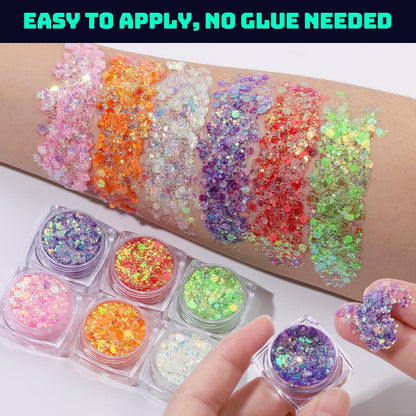 Teenitor 6 Colors Glow in The Dark Glitter Gel, Face Glitter Gel, Body Glitter Hair Glitter for Carnival Makeup UV Black Light Party Cheer Raves Festivals