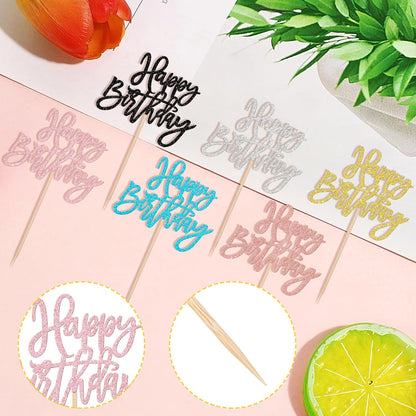 24 PCS Happy Birthday Cupcake Toppers Glitter Picks for Celebrating Anniversary Theme Party Cake Decorations Supplies Gold