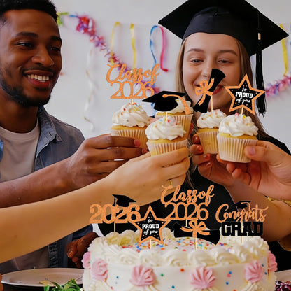 48 PCS Graduation Cupcake Toppers, Glittery 6 Styles Congrats Grad Cake Topper, Black and Red Graduation Decorations 2026, Cap and Diploma Cake Picks for Grad Party Supplies