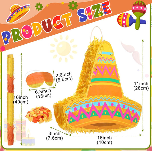 Mexican Themed Party Pinata with Stick Blindfold Confetti Mexican Sombrero Hat Cinco De Mayo Pinata for Cinco De Mayo Fiesta Carnival Birthday Party, 16 x 11 x 3 Inch