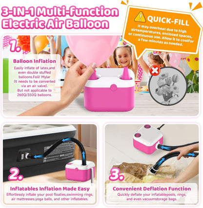 3 in 1 Balloon Pump Electric,Balloon Pump,Electric Air Pump,Quick-Fill Inflator/Deflator Pumps for Party Decoration Balloon, Pool, Floats, Air Mattress Bed, Swimming Ring