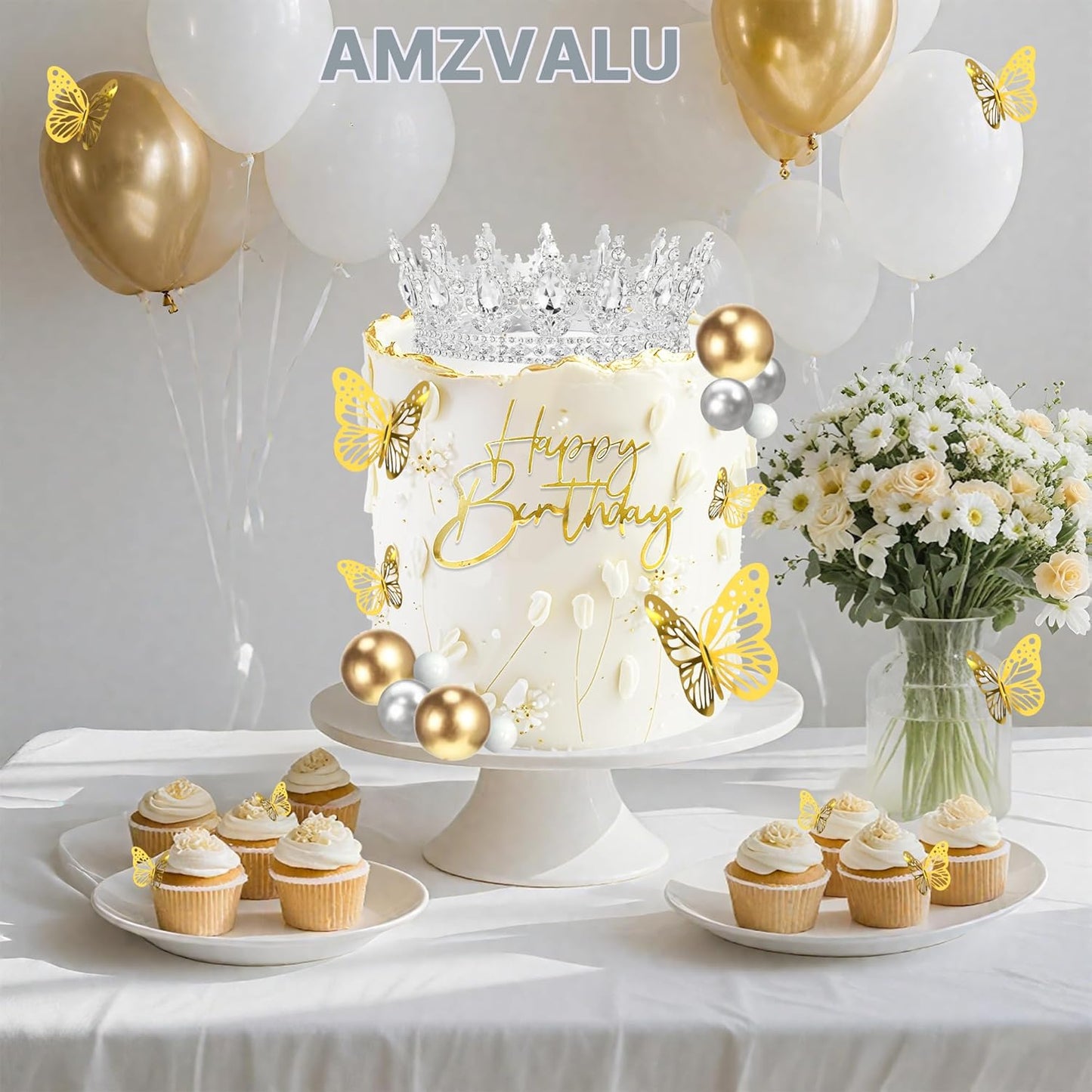 Crown Cake Topper, Balls Happy Birthday Cake Topper Pink Crown Birthday Candles Gold Butterflies, Corona Para Pastel, Cake Decorations for Birthday Wedding (Gold, Pink)