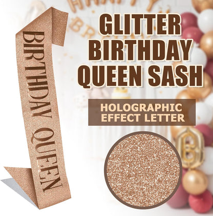 RUDONG M Birthday Queen Sash Glitter - Gold Birthday Sash for Women & Girls | Sweet 16/18th/21st/30th/40th/50th/60th/70th, All-Age Celebration Party Decor