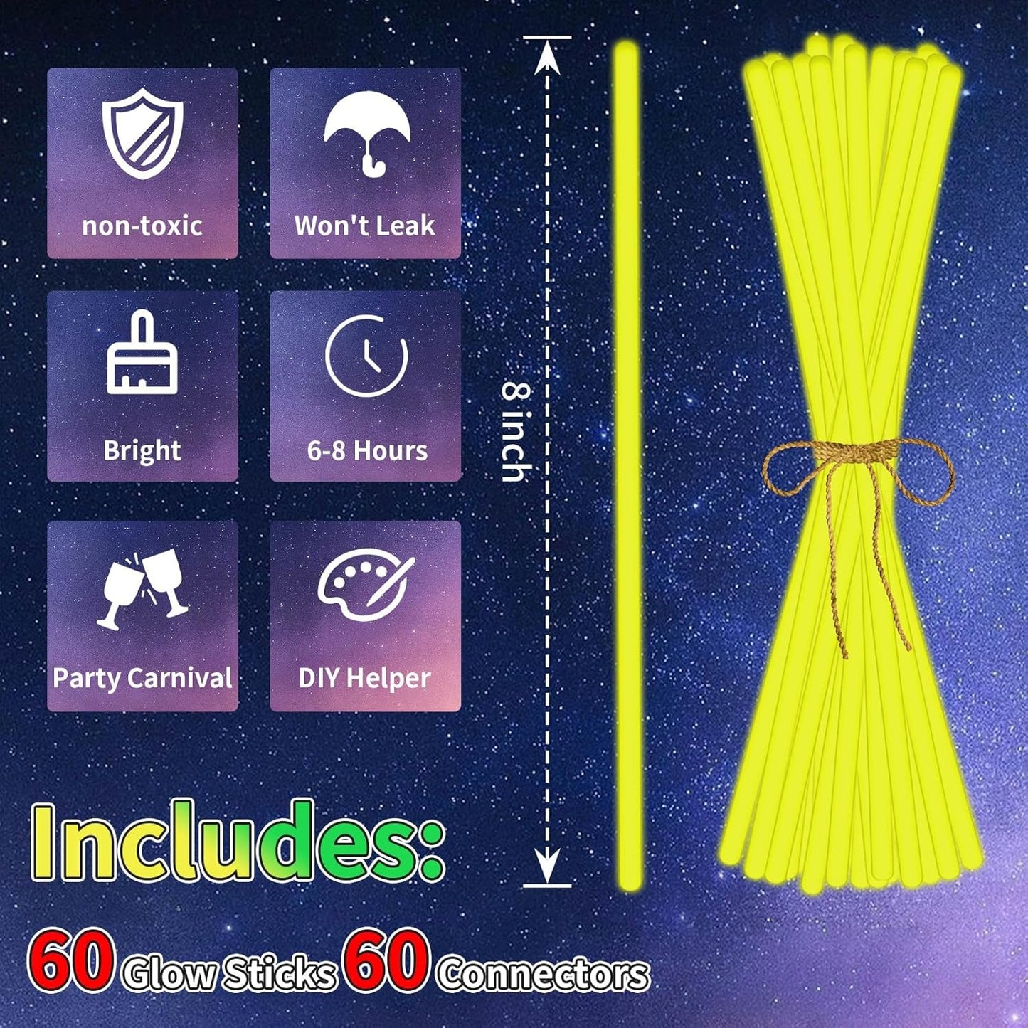 60 Pack 8” White Glow Sticks Bulk with 60 Connectors Neon Glow In The Dark Party favors Supplies for Holiday Birthday Party Decoration (White)