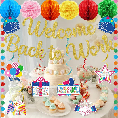 Welcome Back Decorations for Office Welcome Back to Work Decorations with Banner Circle Dot Garland Hanging Swirls Pompoms for Office Party Decor Sign