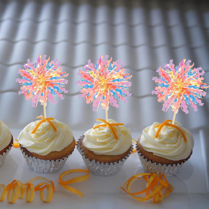 Ephlyn 30Pcs Foil Firework Cupcake Toppers Sparkle Tinsel Cupcake Picks Drink Stirrers Cocktail Food Fruit Toothpicks for Baby Shower Graduation Party Supplies White