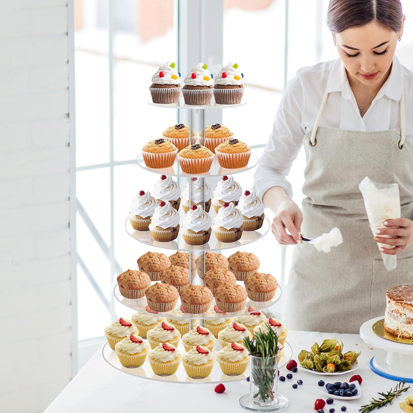 YestBuy Cupcake Stand, 6 Tier Large Cupcake Tower Display, Round Cupcake Holder, Acrylic Dessert Stand, Pastry Display Tree for Party, Wedding, Baby Shower