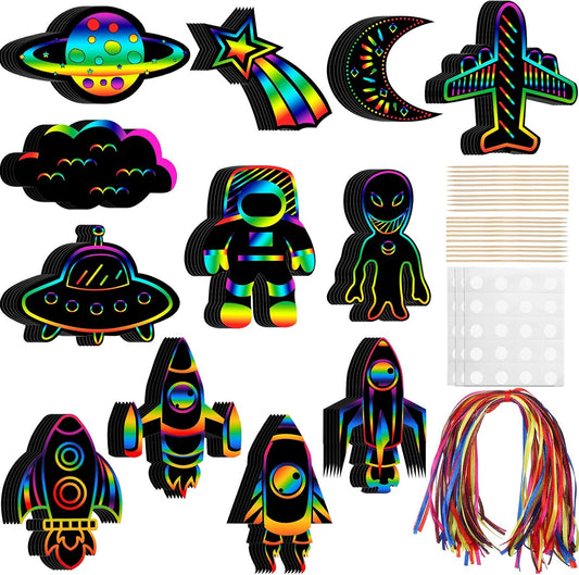 Engrowtic 72 Pcs Outer Space Scratch Cards for Kids Space Party Favors Paper Rainbow Rocket Scratch Card with Wooden Stick and Ribbon for DIY Project Home Classroom Ornament Supplies