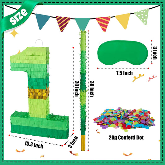 PCFING 20 Inch Number 1 Piñata Green Gold with 30 Inch Piñata Stick Blindfold Confetti for Boy Girl Adults Birthday Party Decorations, Anniversary Celebration, Fiesta
