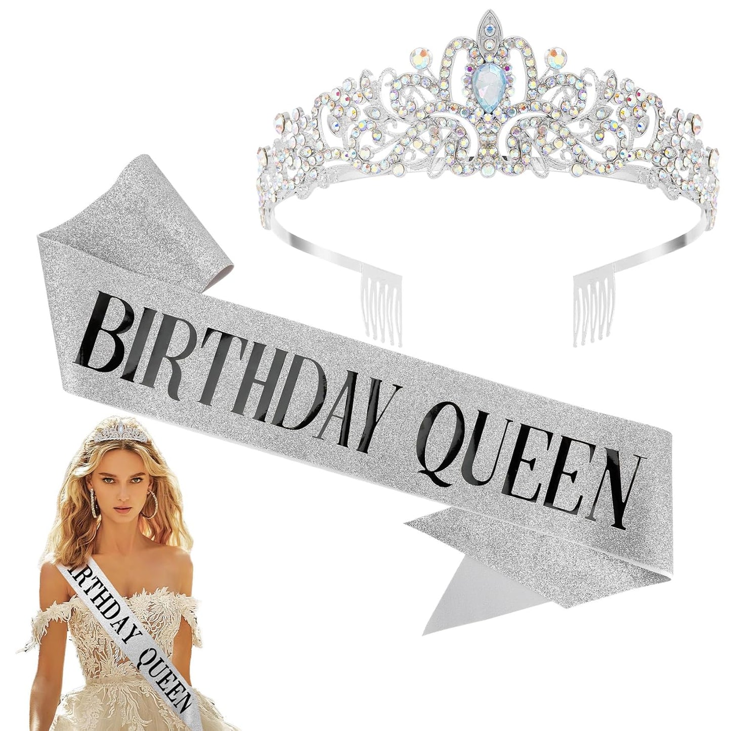Birthday Sash for Women,Birthday Crown Tiaras for Women,Gold Rhinestone Queen Sash and Crown Tiara Headband for Party Decorations