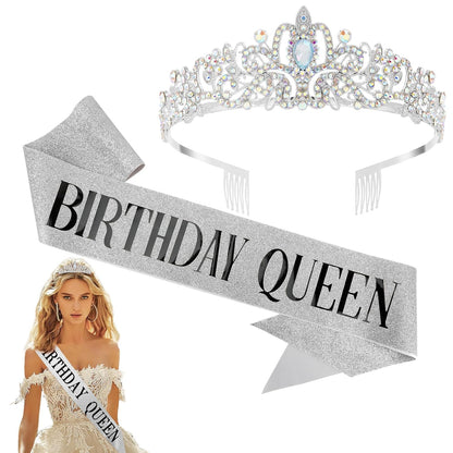 Birthday Sash for Women,Birthday Crown Tiaras for Women,Gold Rhinestone Queen Sash and Crown Tiara Headband for Party Decorations