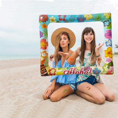 Hawaii Luau Photo Booth Props Inflatable Selfie Frame with 3 Sheets Temporary Tattoos-27.9x23.2 Inch Hawaiian Photo Booth Props Luau Photobooth Frame for Tropical Summer Beach Party Decorations