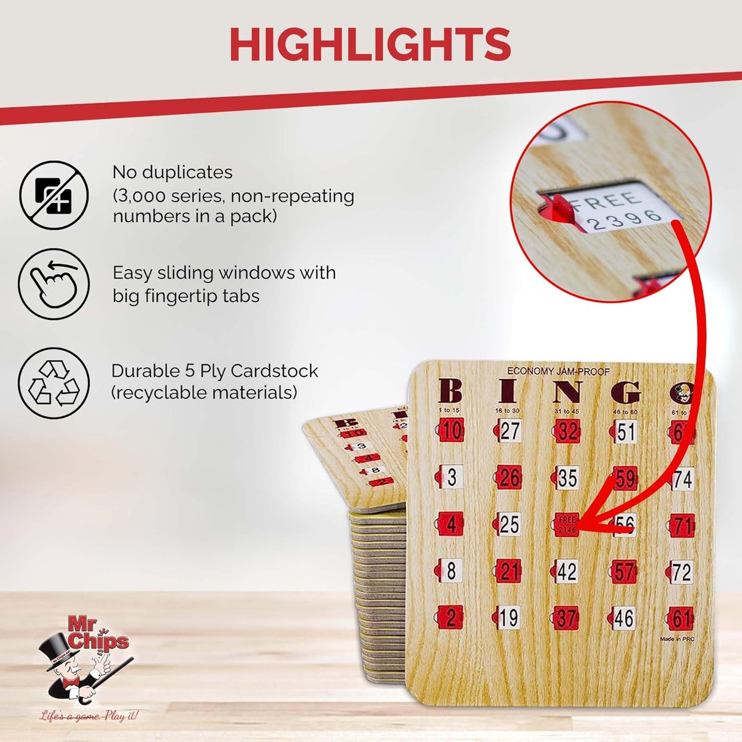 MR CHIPS Jam-Proof Bingo Cards with Sliding Windows, 25 Reusable Shutter Cards, 75 Calling Cards 1 Master Board in Tan Woodgrain Style