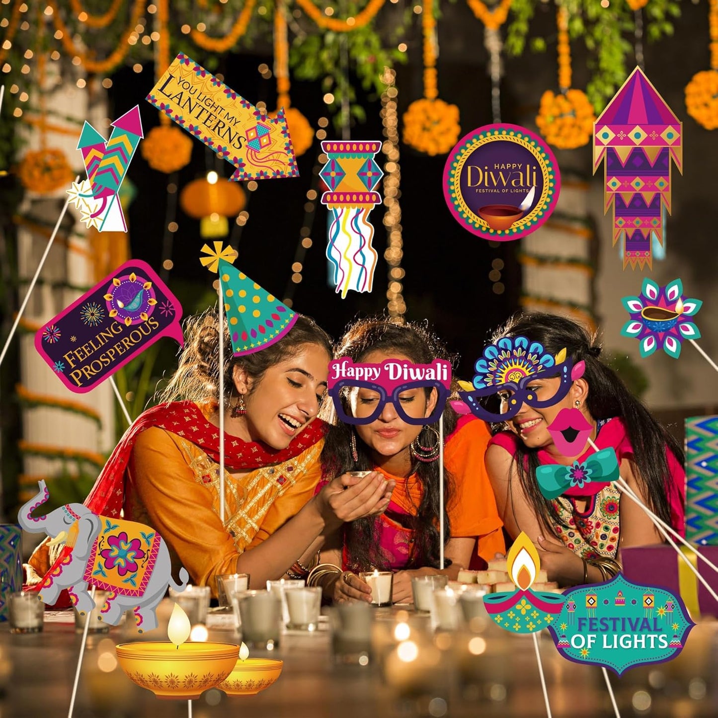 KYMY Happy Diwali Party Photo Booth Props Set, 1pc Deepavali Rangoli Selfie Frame with 20pcs Photo Booth Props, India Festival of Lights Party Favors for Hindu Diwali Themed Decorations Supplies