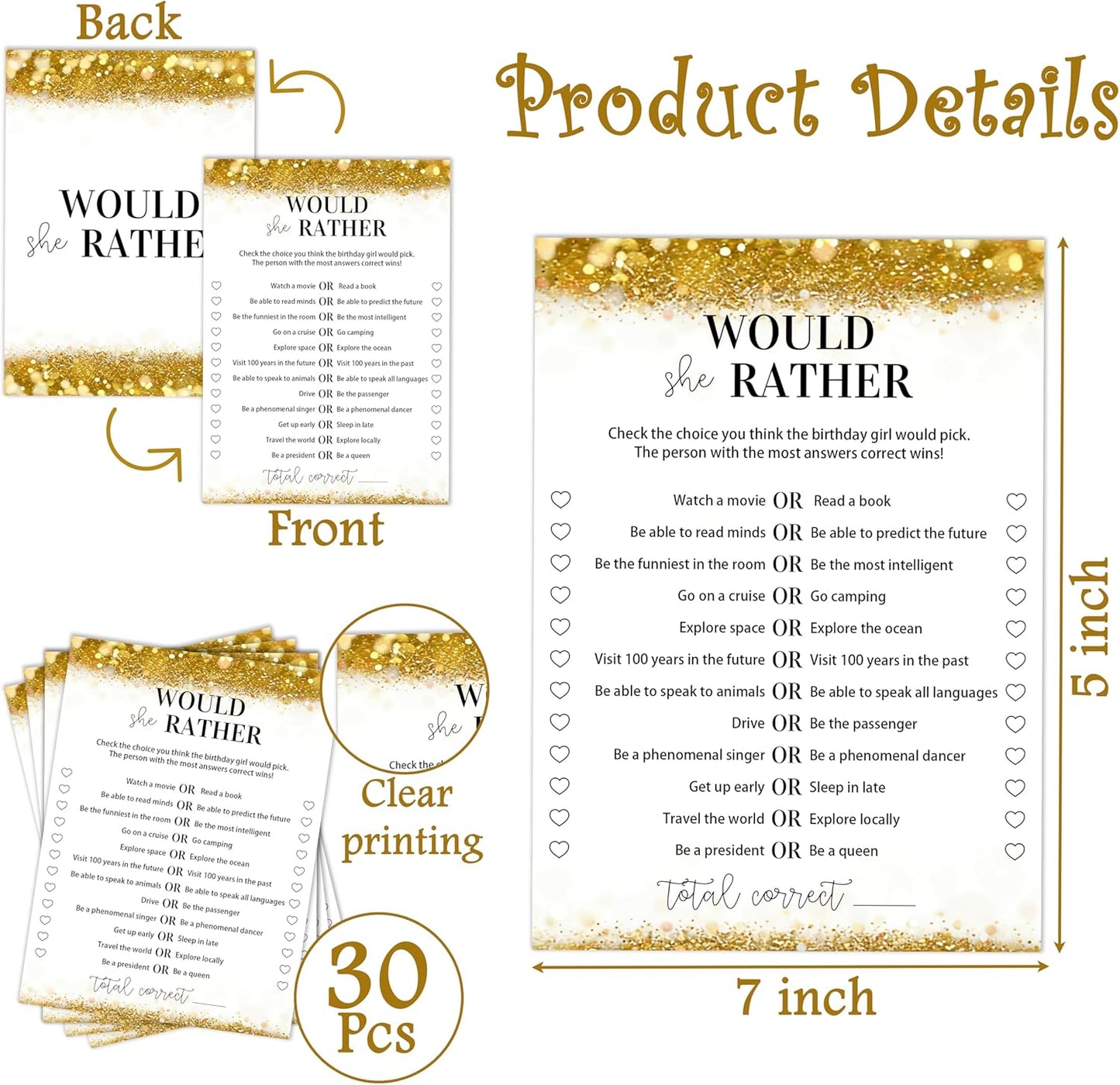 Gold Glitter Birthday Party Game Cards Set, Ever or Never, for Girl Birthdays Supplies, Activity Decorations Double Sided Set of 30 Pcs