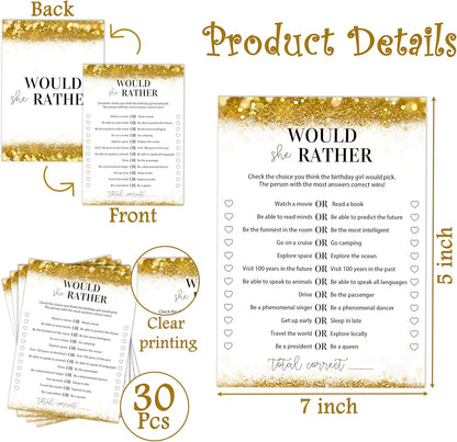 Gold Glitter Birthday Party Game Cards Set, Ever or Never, for Girl Birthdays Supplies, Activity Decorations Double Sided Set of 30 Pcs