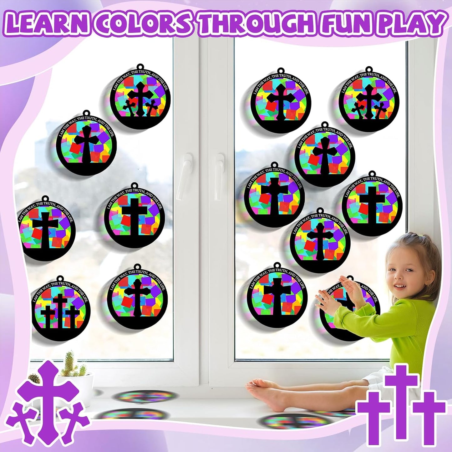 QOUBAI 32 Sets Stars Suncatchers Craft Back to School DIY Stained Glass Window Patriotic 4th of July Paper Craft Home School Classroom Decor Kid Birthday Gift Creative Art Activity Game - Colors B