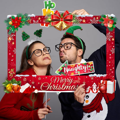 Christmas Photo Booth Props Kit, 24Pcs Fun Photo Props & Selfie Frame for Christmas Photos Decoration, Funny Santa & Gingerbread Photo Props for Xmas Holiday Party Decoration