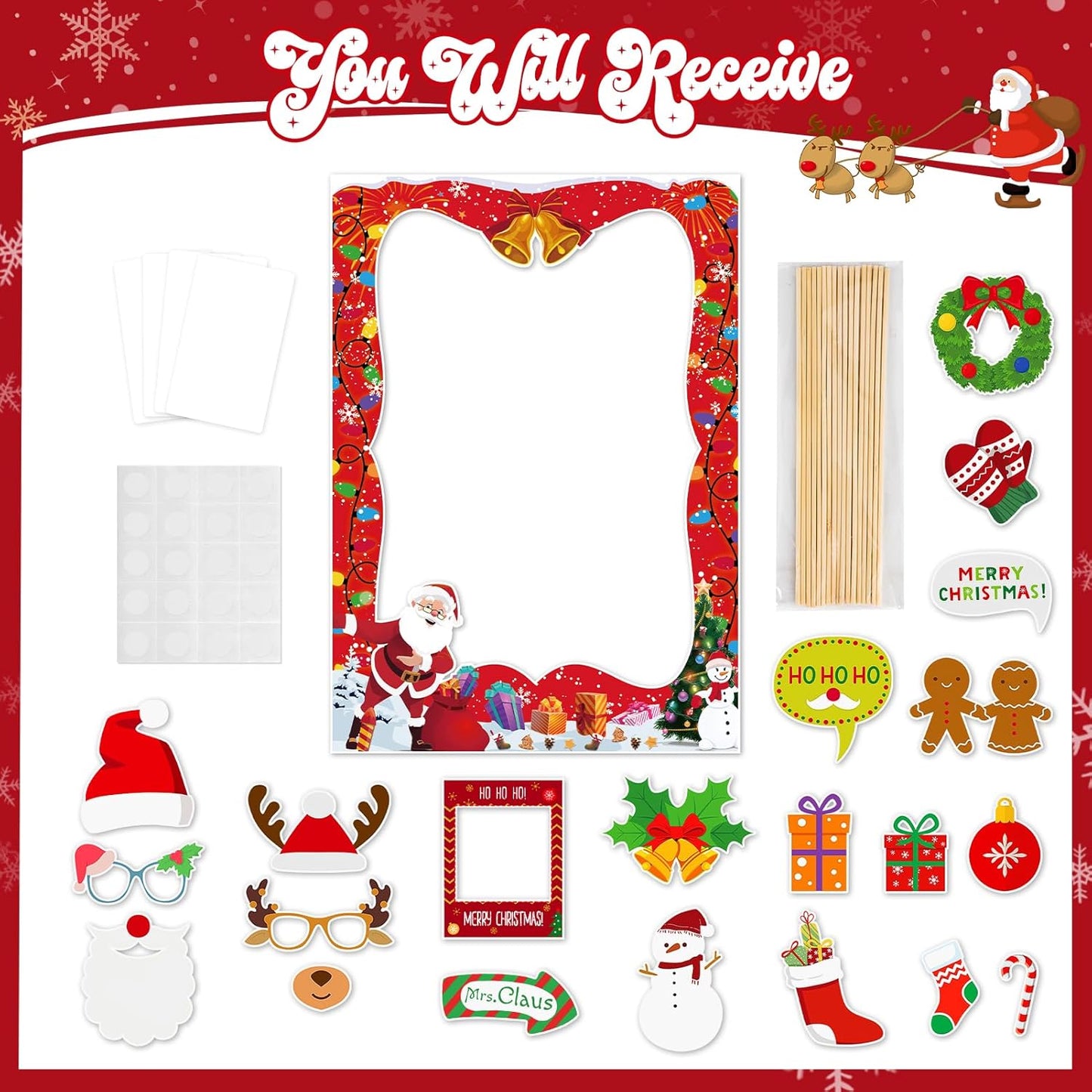 HOWAF 20 Pcs Christmas Photo Booth Props with Merry Christmas Paper Photo Frame, Funny Gingerbread Santa Photo Props for Xmas Holiday Party Decoration, Christmas Tree Selfie Frame Photo Props