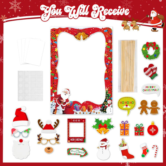 HOWAF 20 Pcs Christmas Photo Booth Props with Merry Christmas Paper Photo Frame, Funny Gingerbread Santa Photo Props for Xmas Holiday Party Decoration, Christmas Tree Selfie Frame Photo Props