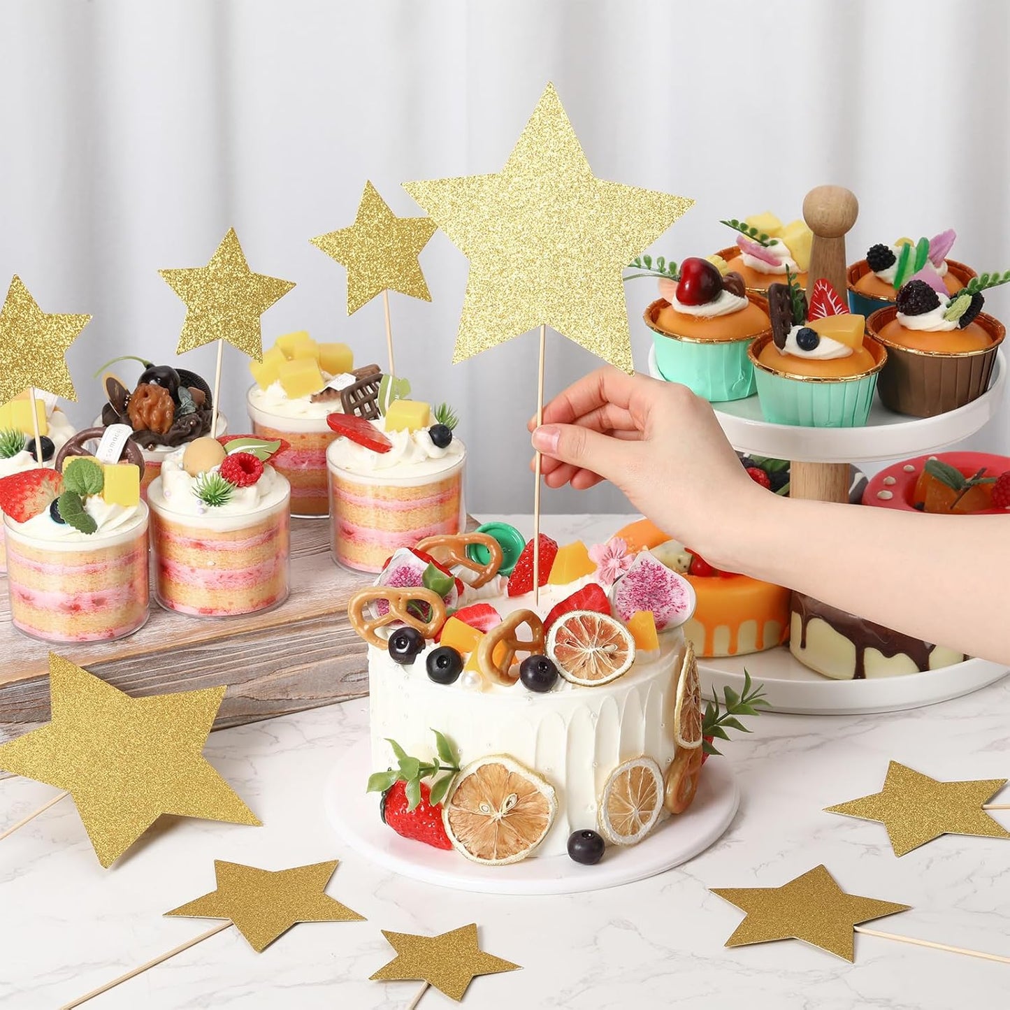 Reallnaive 42 Pcs Gold Star Centerpieces Sticks Twinkle Glitter Star Table Flower Centerpiece Sticks Golden Cake Toppers for Back to School Wedding Engagement Bridal Baby Shower Party Decorations