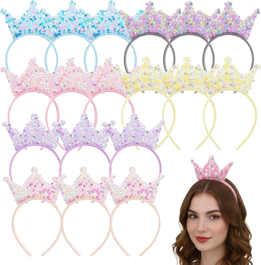 18 Pack Princess Party Favors, Princess Crown Headband Glitter Sequin Headbands Crown Shiny Tiaras and Crowns Glitter Headbands Crowns Glitters Tiara Set for Birthday Party, Proms, Gifts (Multicolor)