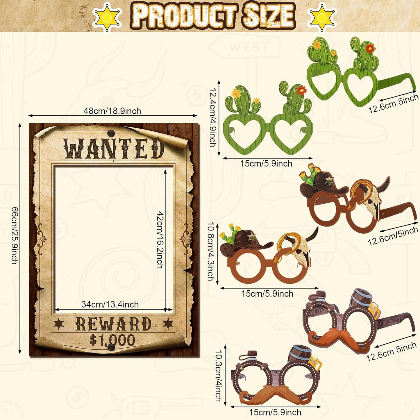 Jenaai 25 Pcs Western Cowboy Photo Booth Props with Wanted Frame, Wild West Party Decorations, Funny Paper Eyeglasses & Prop Kit for Rodeo Theme Birthday, Bachelorette Party Supplies Selfie Favors
