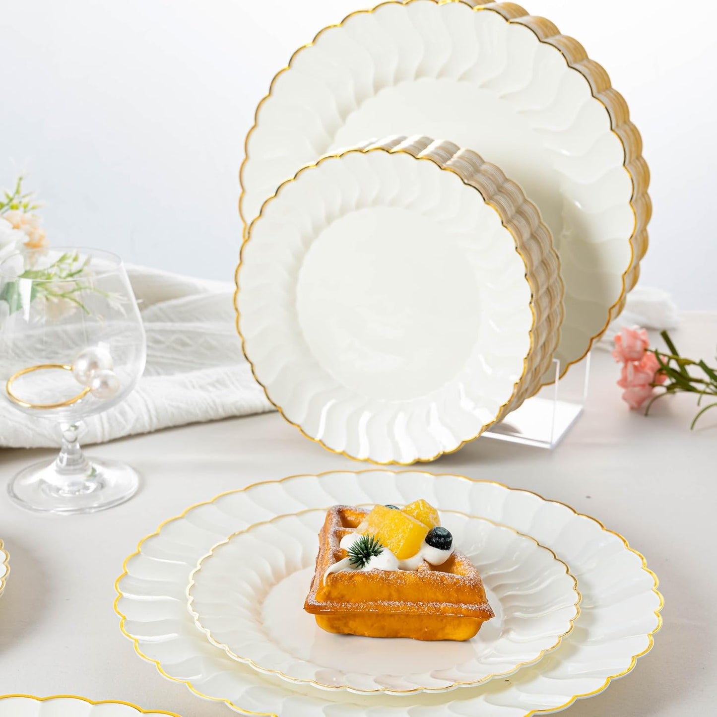 Lullaby 60PCS Ivory Scalloped Plastic Plates with Gold Rim, Disposable Elegant Plates Include 30pcs Dinner Plate 10.25", 30pcs Plastic Dessert Plate 7.5", Perfect for Wedding and Party