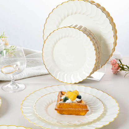 Lullaby 60PCS Ivory Scalloped Plastic Plates with Gold Rim, Disposable Elegant Plates Include 30pcs Dinner Plate 10.25", 30pcs Plastic Dessert Plate 7.5", Perfect for Wedding and Party