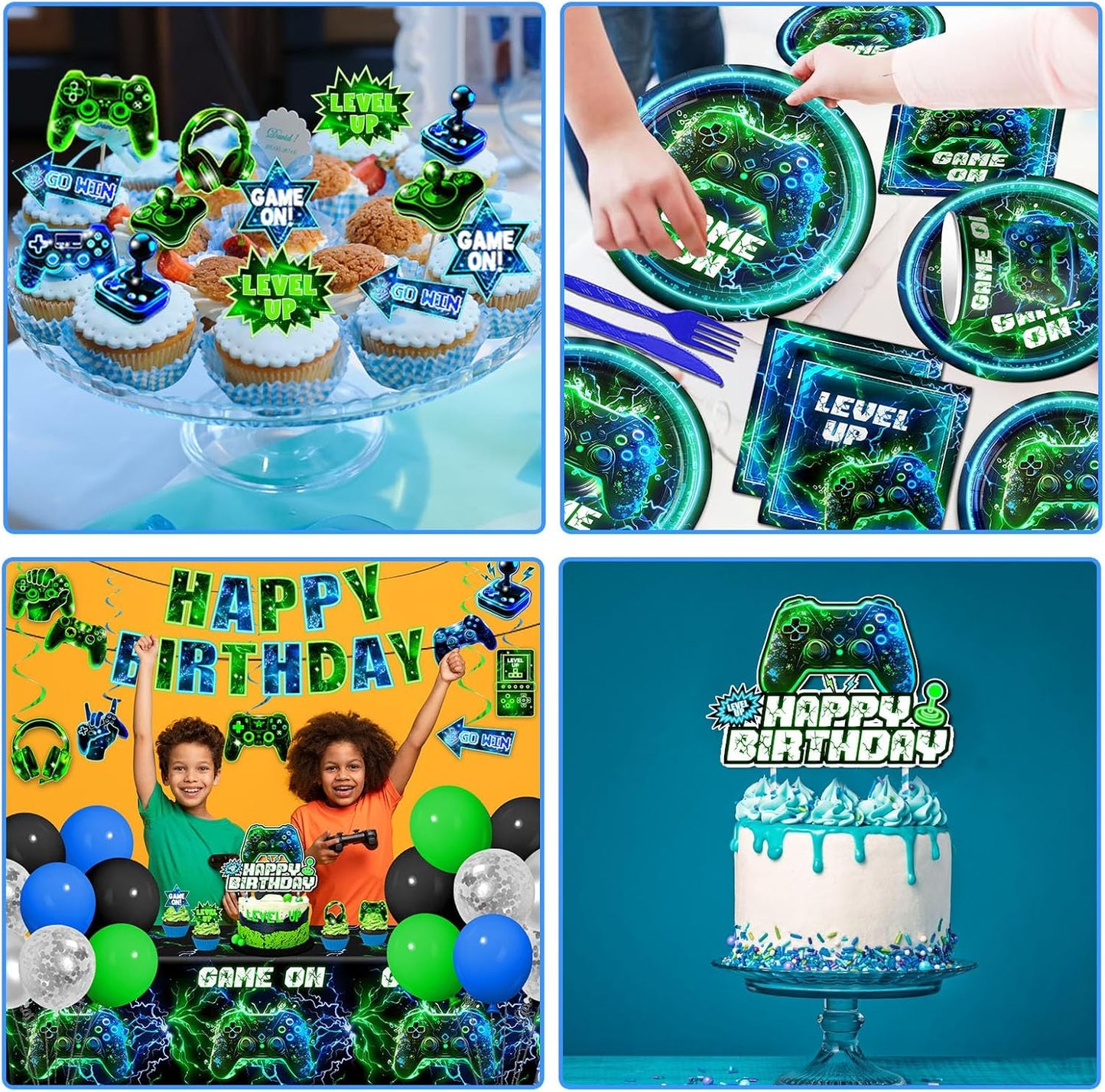 Video Game Birthday Decorations,260pcs Gaming Party Decorations Gamer Birthday Party Decorations Plates and Napkins Cups Tablecloth, Game Party Decorations for Boys Cake Topper Hanging Swirls