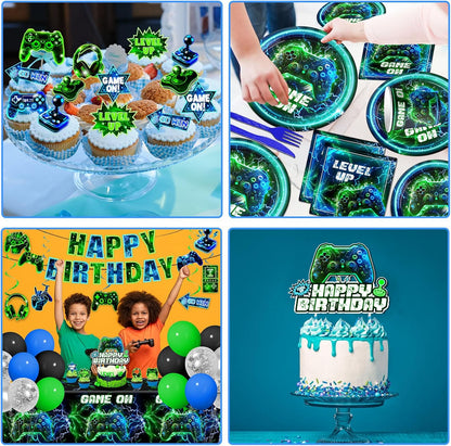 Video Game Birthday Decorations,260pcs Gaming Party Decorations Gamer Birthday Party Decorations Plates and Napkins Cups Tablecloth, Game Party Decorations for Boys Cake Topper Hanging Swirls